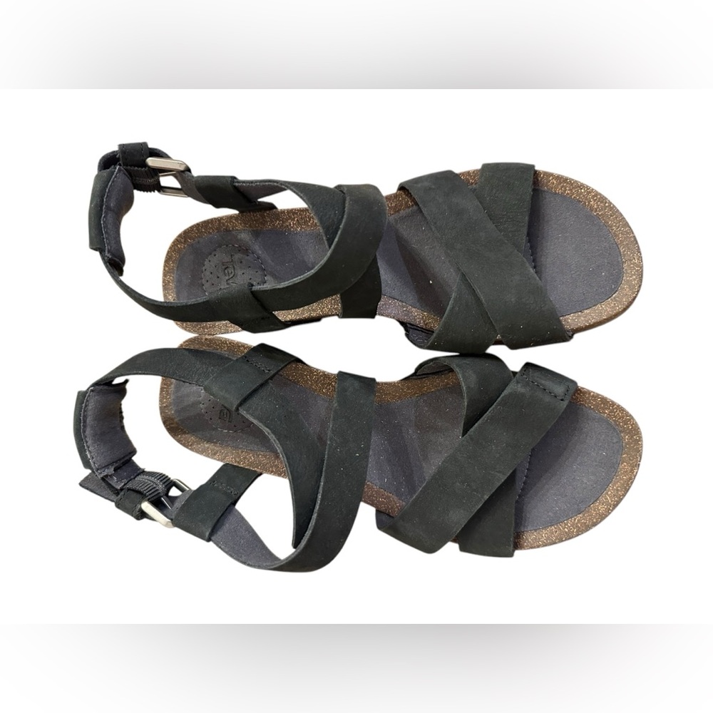 Teva Mahonia Sandals Women's 6 Black Nubuck Leather Strappy Cork Wedge Buckle - Picture 3 of 9